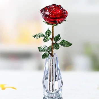 H&D Crystal Červené Ruže Kvet s Zelené Listy & Kryštálová Váza Stojan Romantické Vianoce, Valentína Darček k Narodeninám Domova