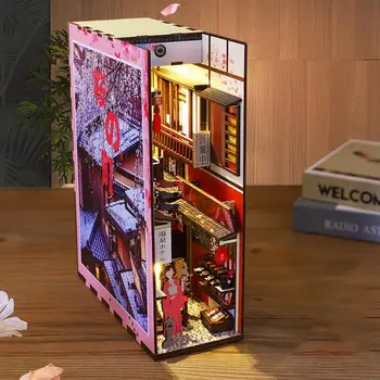 Japonský Štýl 3D Miniatúrny domček pre bábiky Bookends Vintage Dreva s LED Osvetlenie, Police Dekorácie DIY Regálové Vložiť BookNook