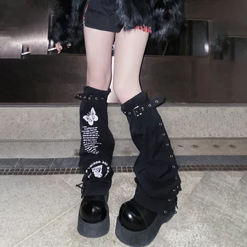 Japonský Harajuku Sladké Pohode Dievčatá Leg Warmer Punk Motýľ List Tlač Pracky Horúce Holky Čierne Nohu Ponožky Nohu Kryt Ženy