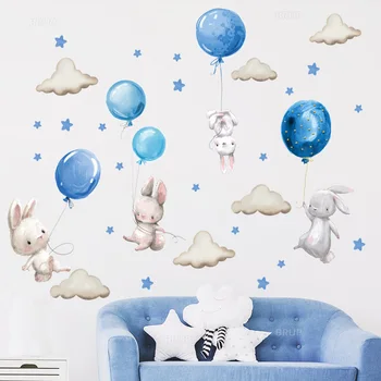 Modrá Farba Chlapec Bunny s Balónoch Samolepky na Stenu pre Deti Izba Chlapca Spálne Dekorácie Stenu Akvarel Hviezdy Cloud