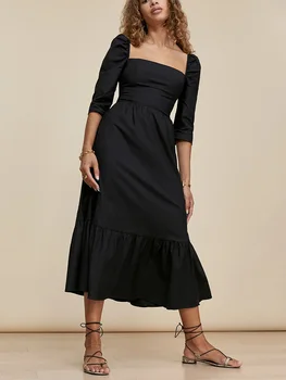 Letné Šaty Pre Ženy 2022 Elegantné Večerné Námestie Krku Vintage Čierne Šaty Polovičný Rukáv Späť Smocked Prehrabať Lem Midi Šaty