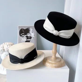Jeseň Nová Vlna Klobúk Žien Klobúk Pás Black White Hat Fascinator Svadobný Klobúk Módne Dámy Klobúk Ploché Vedierko Hat Klobúk Široký Okraj