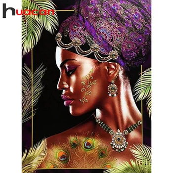 Huacan Plný Vrták Diamond Mozaiky Africkej Ženy Leaf 5D Diamond Maľovanie Výšivky Portrét Osobný Darček Domova