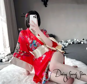 Japonské Kimono Sexy Cosplay Oblečenie Pre Ženy Tradičnom Štýle Župan Yukata Kostýmy Pyžamo Mäkké, Hodvábne Pás 3ks Sada Black Red