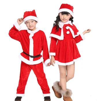 2022 Nový Vianočný Kostým Pre Deti Santa Claus Batoľa Detská Červená Vianočné Oblečenie Strany Červené Šaty Nastaviť Klobúk Zahrnuté Vianočné Šaty