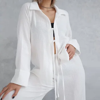 Bavlnené Pyžamo Pre Ženy Sleepwear Sexy Žien Odev Dlhý Rukáv Fashion Domov Vyhovovali Sady Biele Dámske Sťahovacie Oblečenie 2023