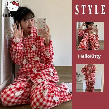 Sanrio Hello Kitty Nové Červené Koberčeky Domáce Oblečenie Y2k Módne Cardigan Topy, Nohavice, Luxusné Pyžamo Vyhovovali Ženy Sleepwear 2 Ks Súpravy