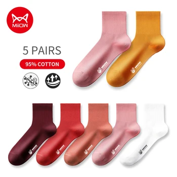 MIIOW 5Pairs Bavlna Pletenie Polovice Trubice Ponožky Harajuku Značky Antibakteriálne Ponožky Voľný čas Dievčatá Roztomilé Biele Ponožky Deodorant