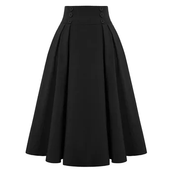 2021 Jeseň Dlhé Sukne Ženy Móda Bežné Midi Sukňa S Vreckami Vintage Vysoký Pás Skladaná Sukňa Čierna Jupe Longue Femme