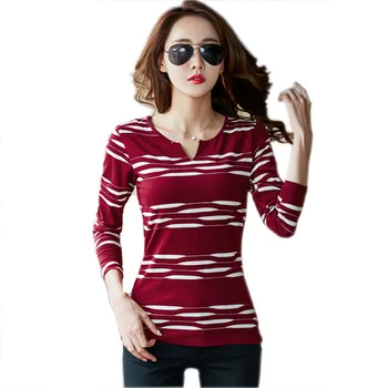 Dlhý Rukáv T Shirt Ženy Slim Pruhované Tričko V-Neck Tričká Ženy Bavlna Poleras De Mujer Moda 2022 Kórejské Oblečenie