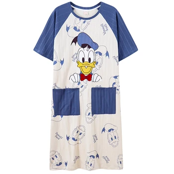 Disney Bavlna Donald Duck Roztomilý Noc Šaty Žien Sleepwear Lete Prúžok Nightdress Leto Doma Krátky Rukáv Spanie Šaty Lady