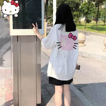 Sanrio Oblečenie Hello Kitty Nové T-shirt Graffiti Dizajn Letné Krátke Sleeve T-shirts Ženy Topy Sladké Y2k Voľné Elegantné Košele Čaj
