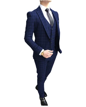 Muži Obleky pre Svadobné 2022 Formálne 3 Kusy Tuxedos Kostým Homme Oblekoch, Ženích Skontrolujte Vzor Tuxedos(Sako+Nohavice+Vesta)
