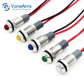 VaneAims 8 mm Kovové Signalizačné Lampy, Vodotesný IP67 Svetlo LED Indikátor s Drôtom 3V 6V alebo 12V 24V 220V Červená Zelená Žltá Biela Modrá