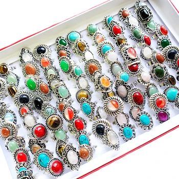 20pcs/Veľa Farebné Prírodného Kameňa Crystal Vintage Otvoriť Prstene Pre Ženy Antique Silver Módne Svadobné Party Prst Šperky Darček
