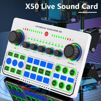 RGB LED Bezdrôtového pripojenia Bluetooth Externé DJ Mixer Zvuková Karta Zníženie Hluku 6 Režimov Zvuku Zmiešavač Zvuku Digitálny zvukový Pult-Live Streaming