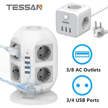 TESSAN Tower Power Strip Vertikálne Prepäťová Ochrana EÚ Plug Viac Zásuviek s vypínačom 8 Zásuviek 4 Porty USB Predlžovací Kábel 2m
