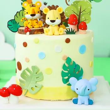 Lesné Zviera Cake Decor Šťastný 1. Narodeniny Party Jungle Lesa Tiger, Lev, Slon Tortu Vňaťou Baby Sprcha Deti, Chlapec a Dievča