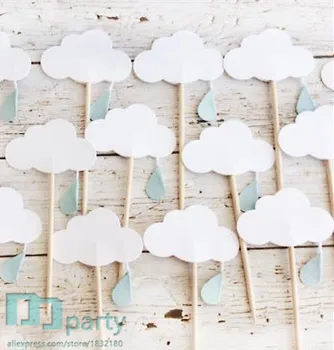 8pcs Biely Oblak s Aqua Modrá Raindrop Cupcake Mulčovače Jedlo/Tipy/ Strana Tipy/ Dieťa Sprcha Dekorácie/ Svadobné Sprcha