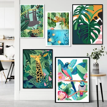 Žirafa Leopard Papagáj Jungle Nordic Plagáty a Tlačí na Steny Umelecké Plátno na Maľovanie obrazov na Stenu pre Obývacia Izba Domova