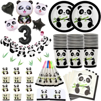 Panda Tému Narodeninovej Party Dekorácie Deti Jednorázový Riad Nastaviť Doska Obrúsok Baby Sprcha Láskavosti Cartoon Panda Balón