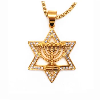 Izrael Menorah Judaizmus hebrejské Náhrdelník Hviezda David Menorah Zlatá farba Náboženské Neclace