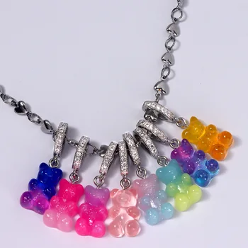Kórejský Nové Candy Farby Zirkón Gummy Bear Charm Náhrdelník Pre Ženy Roztomilý Živice Medveď Strieborná Farba Kovových Reťazca Náhrdelníky Y2k Šperky