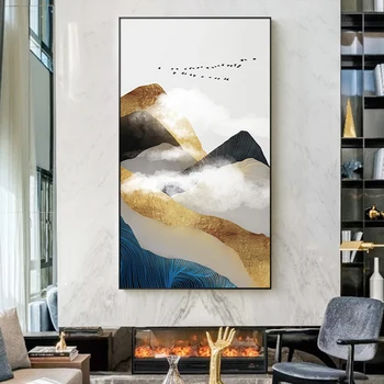 Nordic Abstraktné Zlaté Horskej Krajiny Wall Art Plátno na Maľovanie Biely Oblak, Umenie Plagátu Tlač Stenu Obrázok pre Obývacia Izba