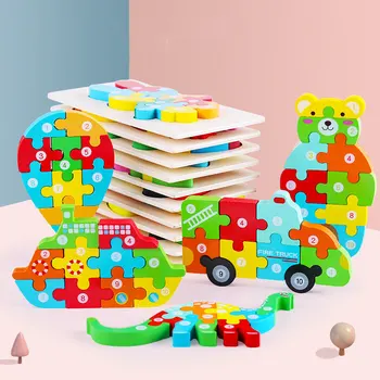 Cartoon Zvieratá Montessori Puzzle Pre Deti, Vzdelávacie Hračky pre deti 3D Drevené Puzzle Deti Montessori Hračky-Drevené Puzzle