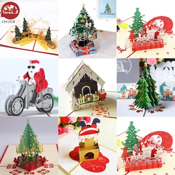 3D Pop-UP Veselé Vianočné Santa Claus Strom Vianočné Dekorácie Najlepšie Želanie Zimné Darček Laserom Rezané Nový Rok Sobov Pohľadnicu