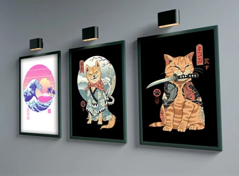 Japonský Samuraj Mačka krajiny Ramen Nostalgia Home Decor Art Decor HD kvalite Komiksu, Maľby zvierat, plagáty, maľba na plátno