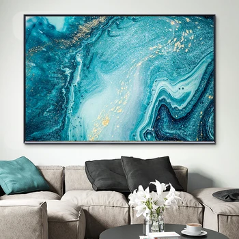 Abstrakt Modrý Oceán Gold Glitter Umelecké Plátno na Maľovanie Moderné Seascape Plagát a Tlač Wall Art Obrázok pre Obývacia Izba Dekor
