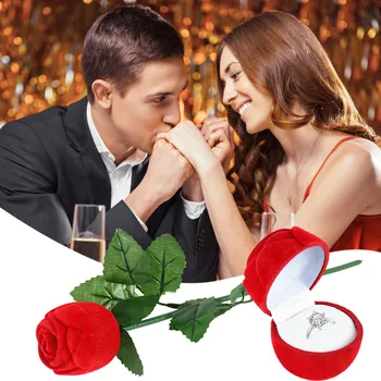 Romantické Ruže Kvet s Rod Krúžok Box Osobné Velvet Zapojenie Svadobný Prsteň, Šperky Zobraziť Darčeková krabička Balenie Šperkov Prípade