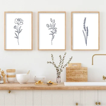 Námornícka Modrá Kvetinový Botanická Line Boho Plagáty Minimalistický Kvety Wall Art Plátno Na Maľovanie Moderná Obývacia Izba Interiér Domova