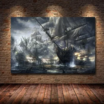 Vintage Pirátska Loď Čierny Plachetnica Seascape Plátno Maľovaní Plagátov a Vytlačí Loď nástenné Maľby pre Obývacia Izba Domáce Dekorácie