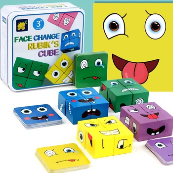 Deti Tvár Zmeniť Termín Puzzle Stavebné prvky Montessori Cube Stôl Hry Hračka Drevené Vzdelávacie Hračky pre Deti, Darčeky