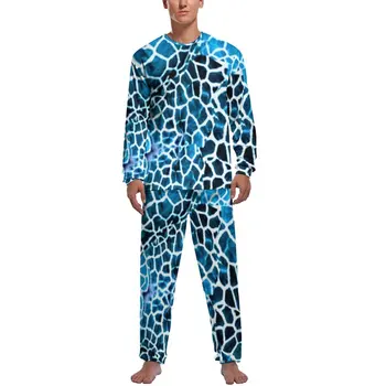 Žirafa Tlač Pyžamo Jar 2 Ks Modré a Biele Retro Pyžamo Nastaviť Mužov Long Sleeve Domov Vzor Sleepwear