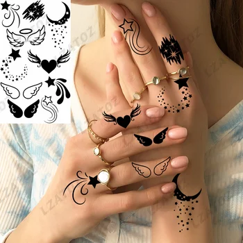 Čierne Perie Krídel Dočasné Tetovanie Vhodný Pre Ženy, Deti, Hviezdy, Mesiac, Anjeli Falošné Tetovanie Prst Malé Umývateľný Tatoos