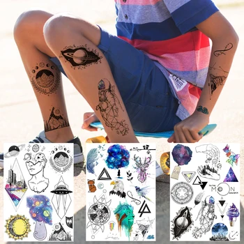 Kreatívne Planét Dočasné Tetovanie Pre Deti, Dospelých Realistické Falošné Umývateľný Tatoos Nálepky DIY Lebky Vlk Pierko Tetovanie Galaxy