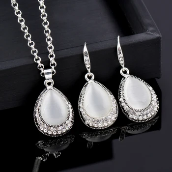 SINLEERY Vintage Šperky Set Starožitné Strieborné Čierna Farba Biele Opálové Náhrdelník Prívesok Pre Ženy Drop Náušnice Šperky Sady ZD1 SSG