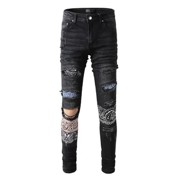 Pánske Slim Fit Streetwear Módy Štýl Núdzi Chudá Úsek Zničené Otvory tie Dye Bandana Patchwork Slim Fit Jeans