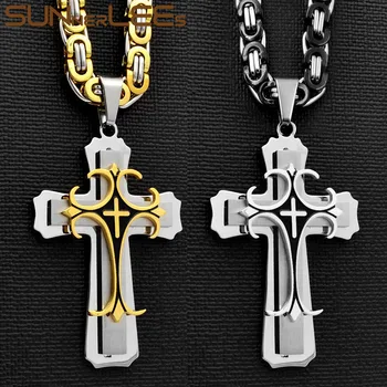 SUNNERLEES Nehrdzavejúcej Ocele Ježiša Krista na Kríži Prívesok Náhrdelník Byzantskej Reťazí Zlato Strieborná Farba Mužov Chlapec Šperky SP67