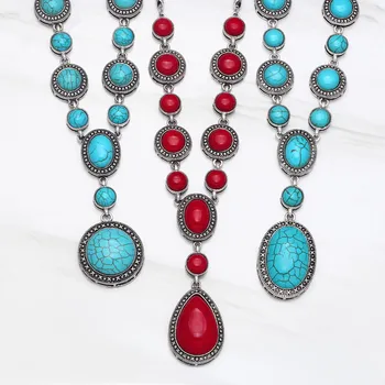 FLOLA Vintage Blue Červený Kameň Náhrdelník Prívesky Veľké Dlhé Y Náhrdelník s Kamienkami Vyhlásenie Šperky pre Ženy Darček nkea098