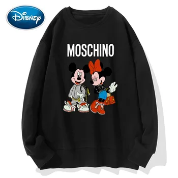 Disney Štýlový Mickey Minnie Mouse Cartoon List Tlače O-Krku Pulóver Unisex Tričko s Dlhým Rukávom Voľné Topy S - 3XL 9 Farieb