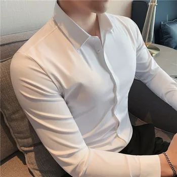 2022 Vysoká Pružnosť Bezšvové Tričko Mužov Muži Slim Bežné Biele Tričko Farbou Business Formálne Šaty, Košele Sociálnej Strany, Blúzky